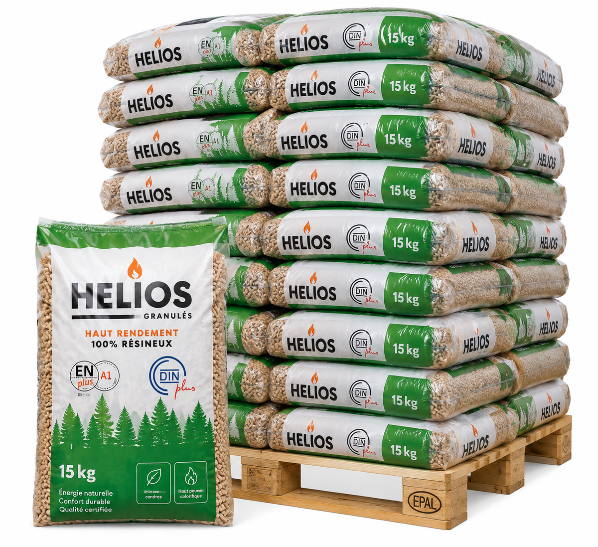 HELIOS Holzpellets – 65 × 15 kg Palette (975 kg) – 100 % Nadelholz, staubarm