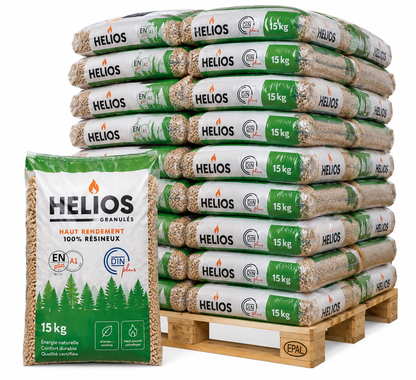 HELIOS Holzpellets – 65 × 15 kg Palette (975 kg) – 100 % Nadelholz, staubarm