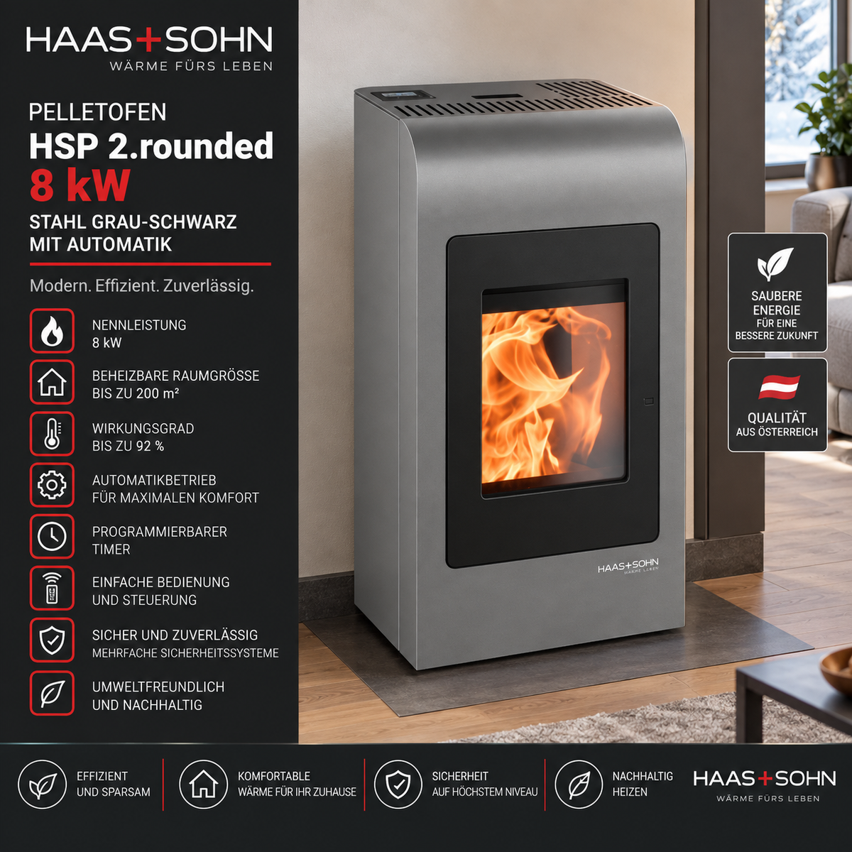 Haas+Sohn Pelletofen HSP 2.rounded Stahl Grau-Schwarz 8 kW mit Automatik
