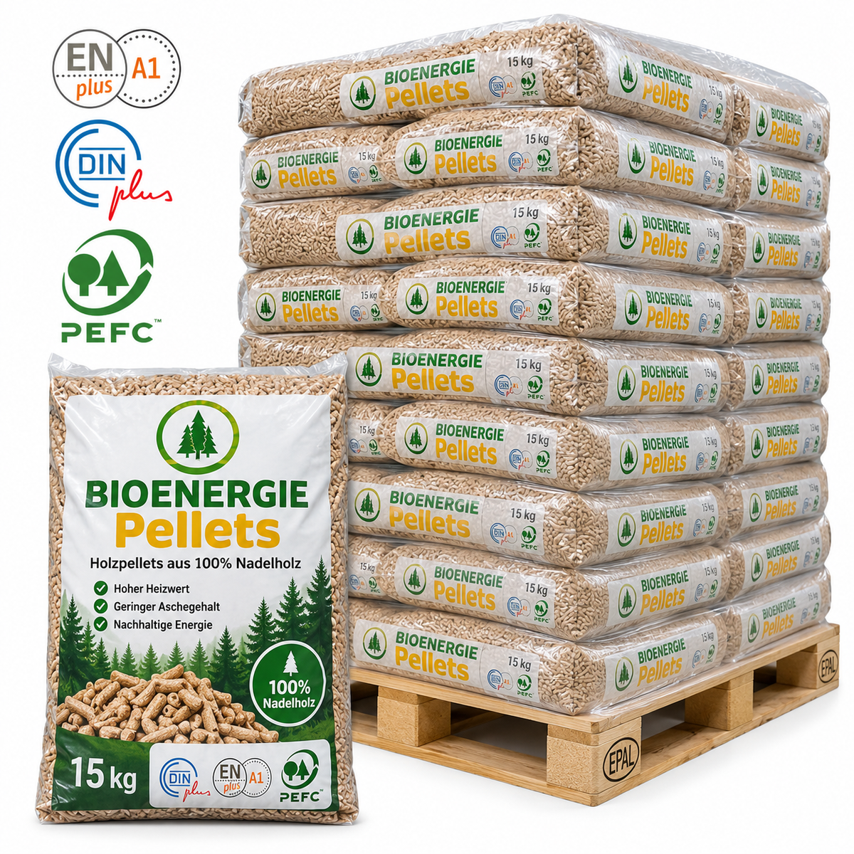Bio Energie Holzpellets – 66 × 15 kg Palette – 100 % Nadelholz, ENplus A1 & DINplus & PEFC