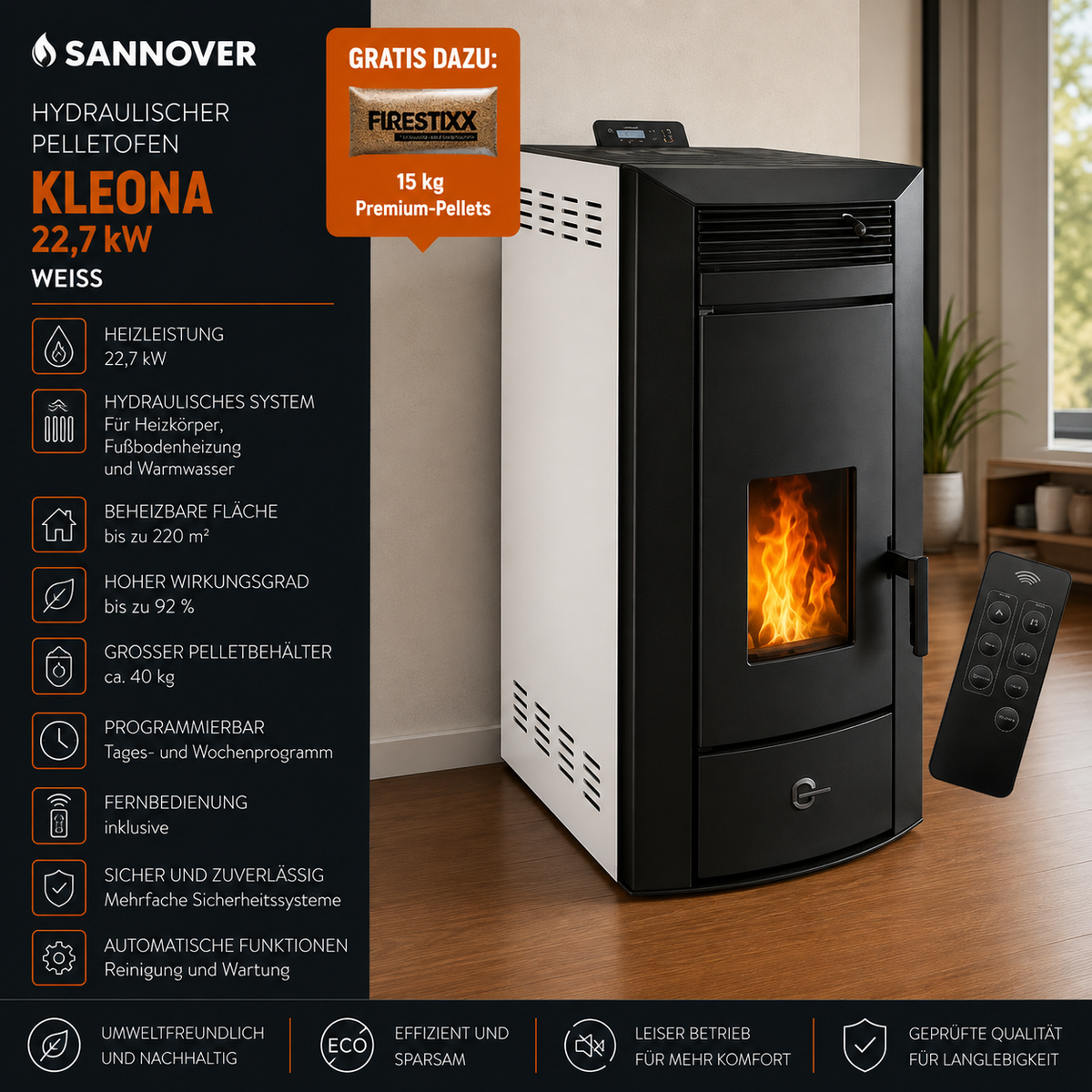 Sannover Hydraulischer Pelletofen Kleona 22,7 kW Weiß