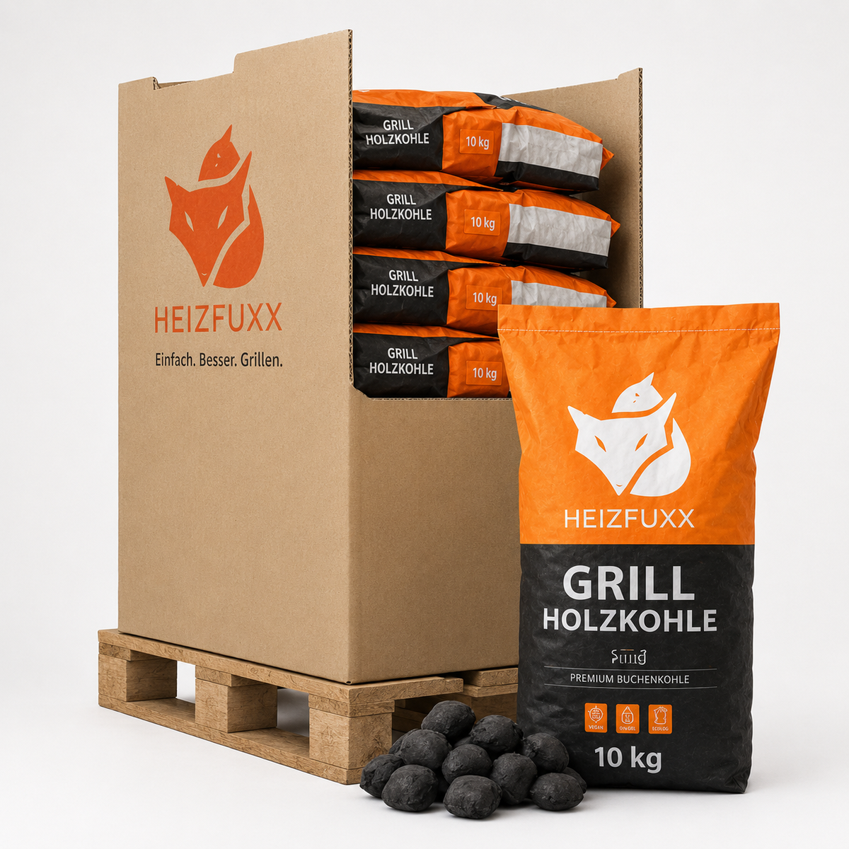 Heizfuxx Grillholzkohle in Gastro-Qualität 10kg x 12 Sack 120kg Palette