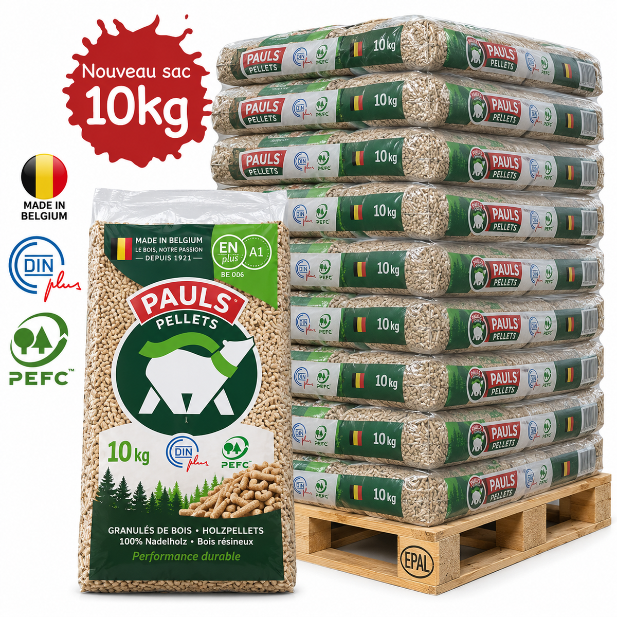 PAULS Holzpellets – 70 × 15 kg Palette (1050 kg) – 100 % Nadelholz, PEFC