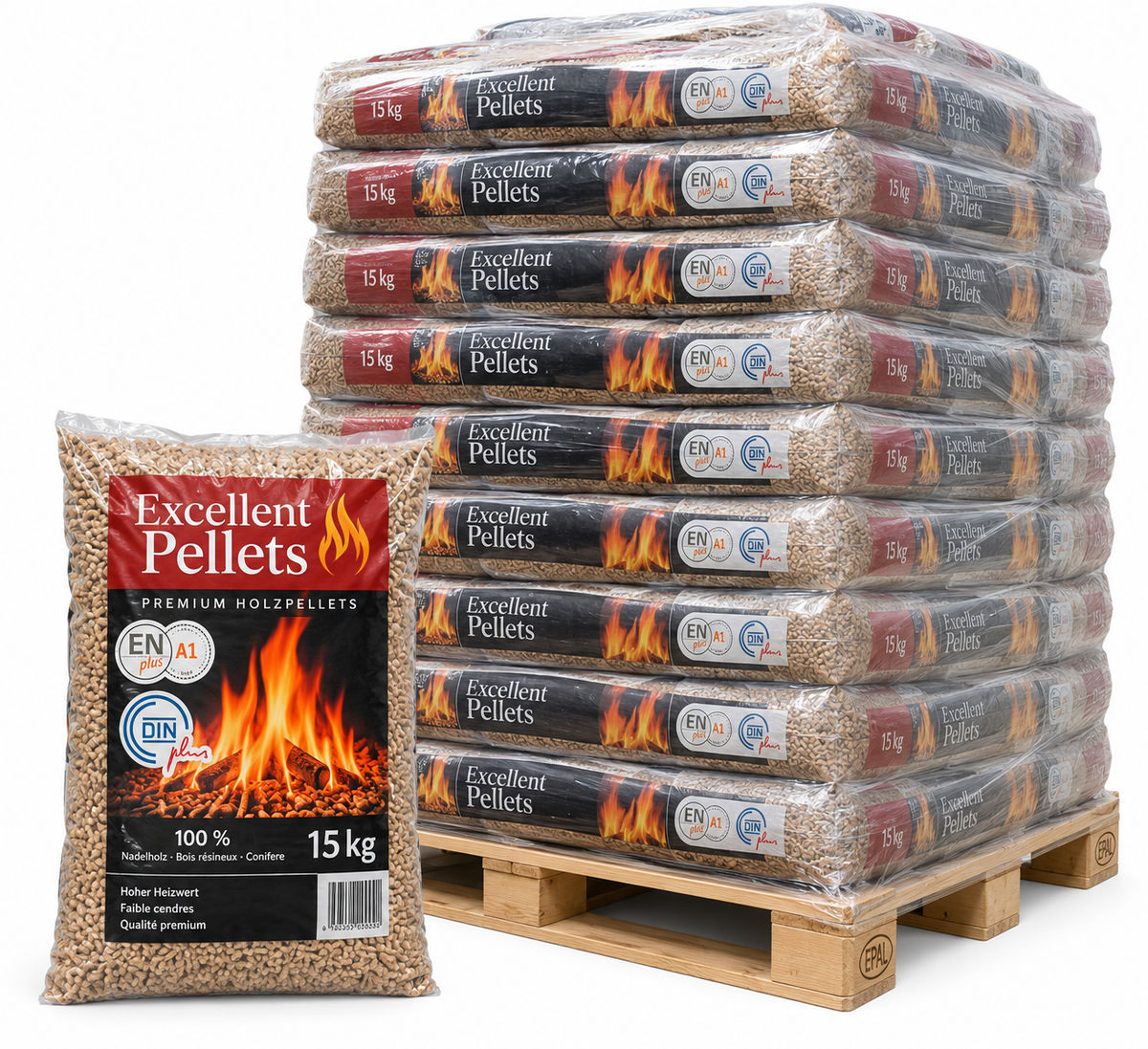 Excellent Holzpellets – 77 × 15 kg Palette (1.155 kg) – 100 % Nadelholz, ENplus A1 & DINplus