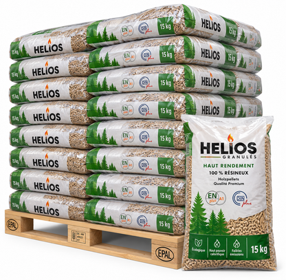 HELIOS Holzpellets – 65 × 15 kg Palette (975 kg) – 100 % Nadelholz, staubarm